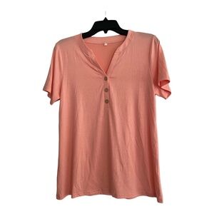 NWOT Amazon V-Neck Button Front Short Sleeve Coral Peach Size Medium Ptp 21"
